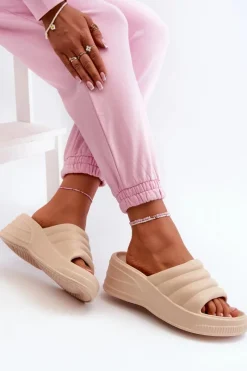 Boto Lekkie Piankowe Klapki Damskie Na Koturnie I Platformie Beżowe Tendrea