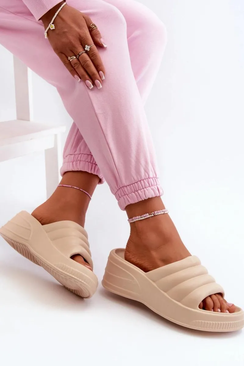 Boto Lekkie Piankowe Klapki Damskie Na Koturnie I Platformie Beżowe Tendrea