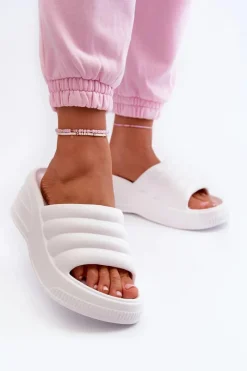 Lekkie Piankowe Klapki Damskie Na Koturnie I Platformie Białe Tendrea Damskie Klapki Na Koturnie|Klapki Basenowe