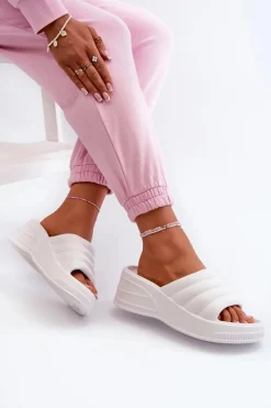 Lekkie Piankowe Klapki Damskie Na Koturnie I Platformie Białe Tendrea Damskie Klapki Na Koturnie|Klapki Basenowe