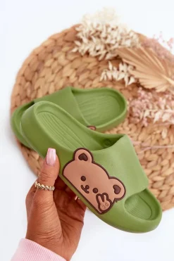 Online Lekkie Piankowe Klapki Z Misiem Zielone Relif Dzieci Chłopięce|Dziewczęce