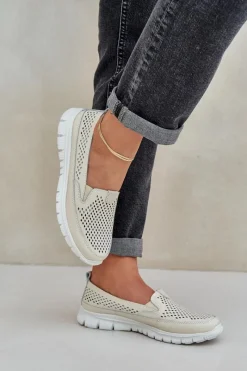 Hot Lekkie Skórzane Ażurowe Mokasyny Damskie Na Platformie Beżowe Tanelora Damskie Loafersy Damskie|Mokasyny Damskie Skórzane