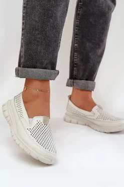 Loafersy Damskie|Mokasyny Damskie Skórzane>Evento Lekkie Skórzane Ażurowe Mokasyny Damskie Na Platformie Białe Tanelora