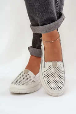 Loafersy Damskie|Mokasyny Damskie Skórzane>Evento Lekkie Skórzane Ażurowe Mokasyny Damskie Na Platformie Białe Tanelora