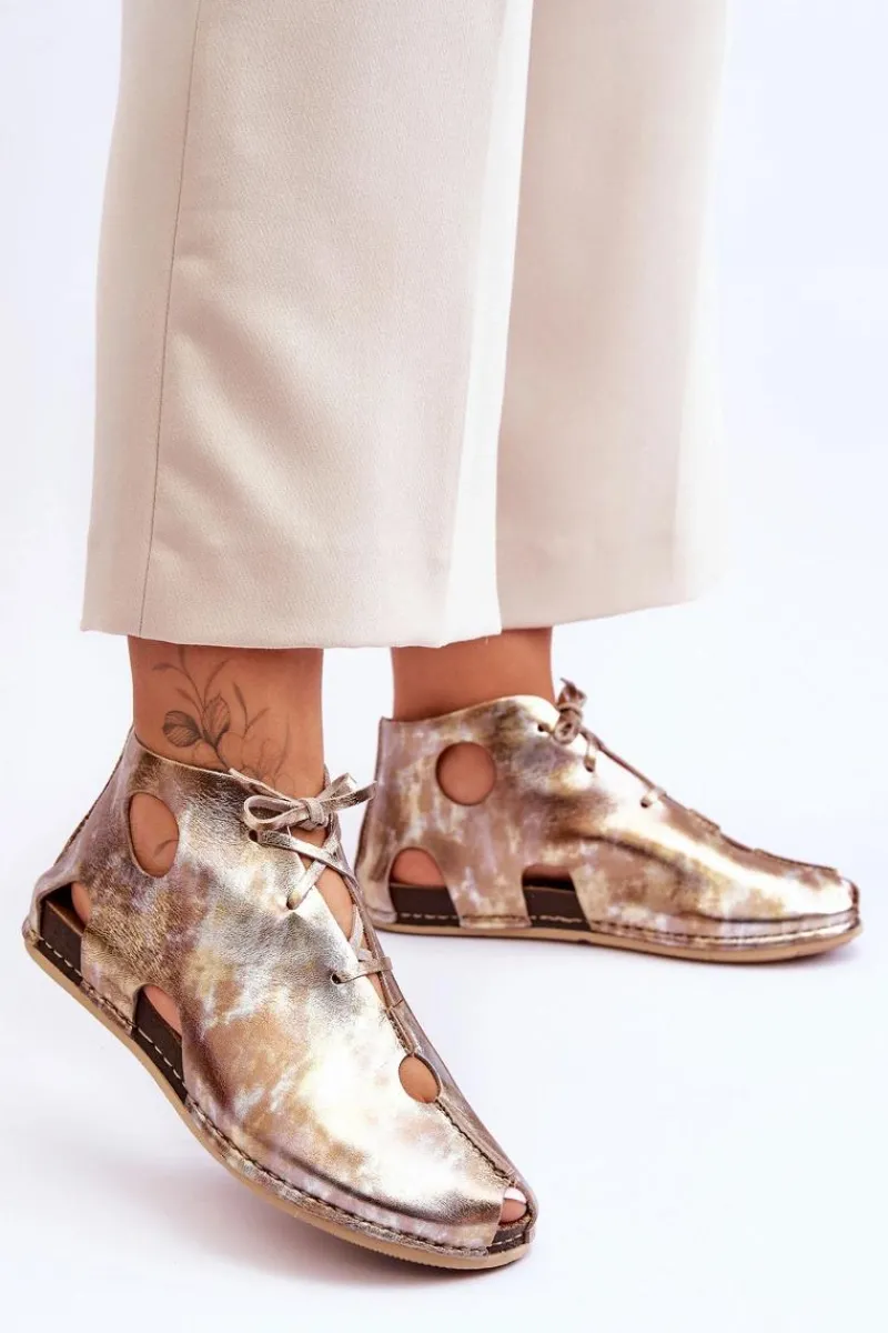 Outlet Lekkie Skórzane Botki 03426-42 Złote Damskie Sandały Płaskie|Botki Wiosenne