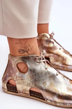 Outlet Lekkie Skórzane Botki 03426-42 Złote Damskie Sandały Płaskie|Botki Wiosenne