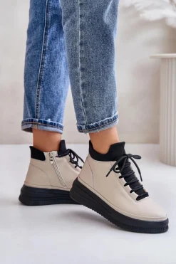 Online Lekkie Skórzane Buty Sportowe Na Platformie 55C0554 Beżowe Damskie Buty Sportowe Na Platformie