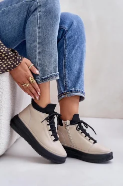 Online Lekkie Skórzane Buty Sportowe Na Platformie 55C0554 Beżowe Damskie Buty Sportowe Na Platformie