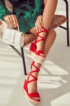 Sandały Na Koturnie>Boto Lekkie Wiązane Sandały Na Koturnie Czerwone Marriett