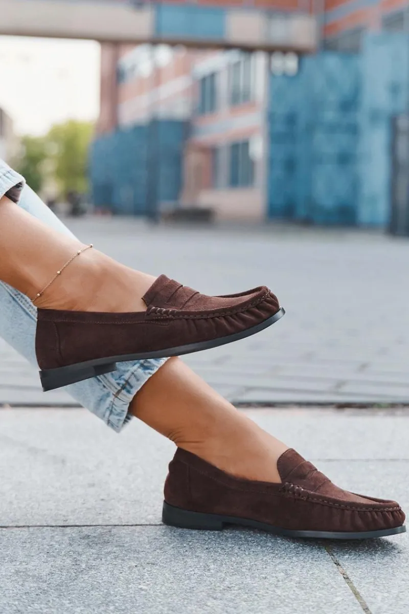 Loafersy Damskie|Mokasyny Płaskie>Boto Loafersy Damskie Na Płaskim Obcasie Z Eko Zamszu Brązowe Rivianne