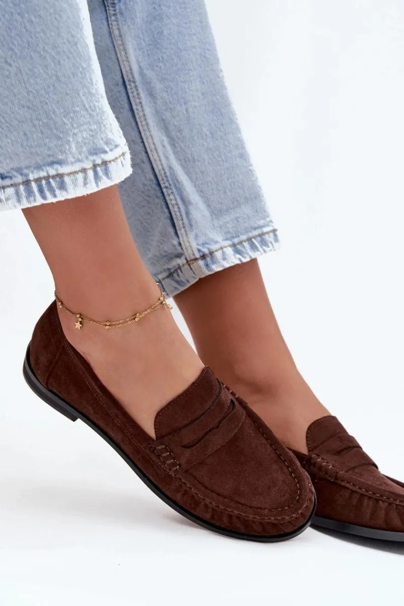 Loafersy Damskie|Mokasyny Płaskie>Boto Loafersy Damskie Na Płaskim Obcasie Z Eko Zamszu Brązowe Rivianne