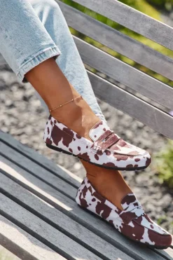 Discount Boto Loafersy Mokasyny Damskie Płaskie W Łaty Brązowo-Białe Roseline