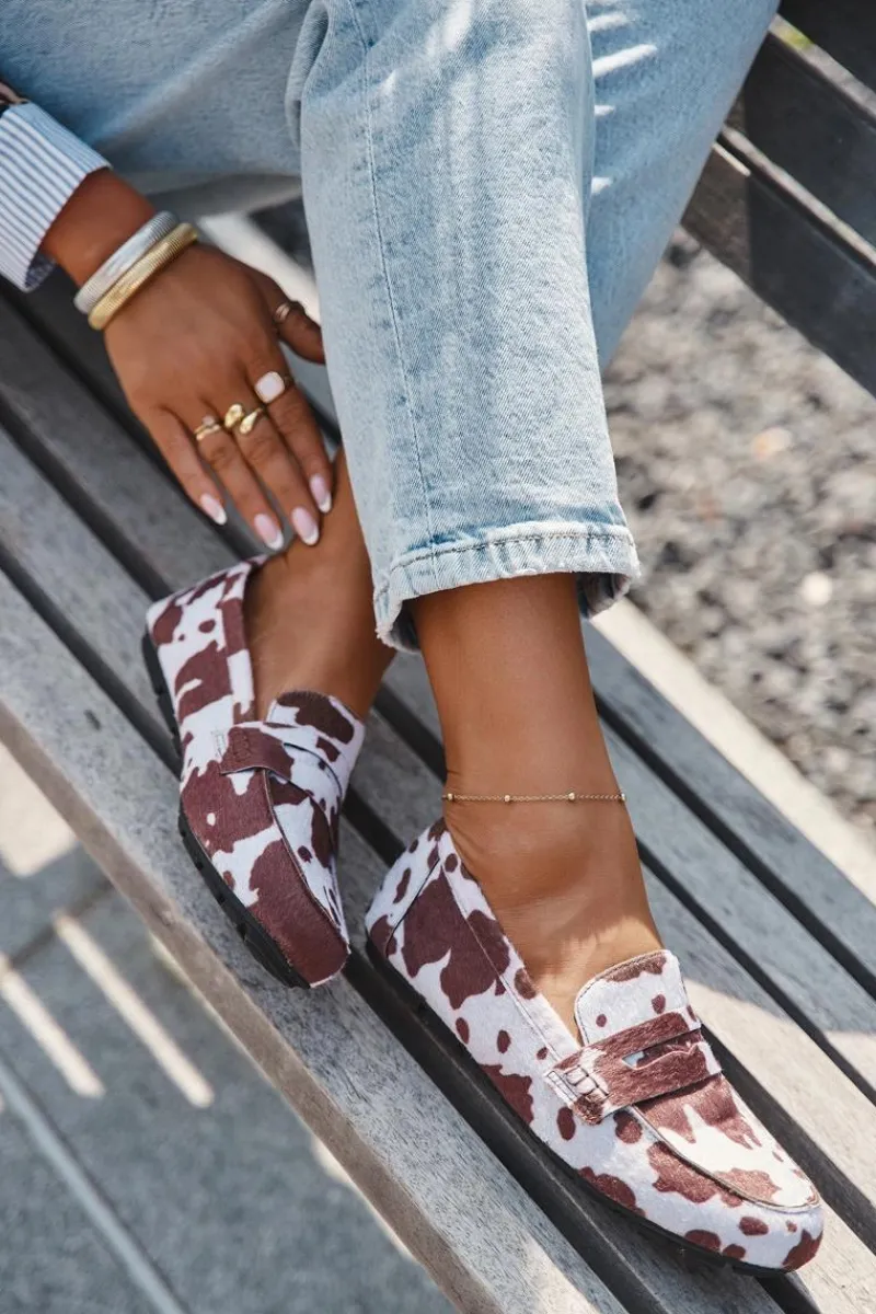 Discount Boto Loafersy Mokasyny Damskie Płaskie W Łaty Brązowo-Białe Roseline