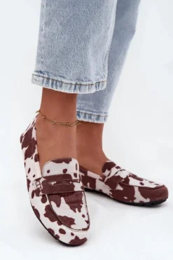 Discount Boto Loafersy Mokasyny Damskie Płaskie W Łaty Brązowo-Białe Roseline