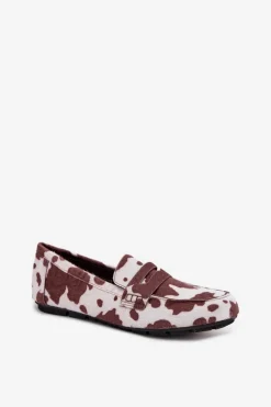 Discount Boto Loafersy Mokasyny Damskie Płaskie W Łaty Brązowo-Białe Roseline