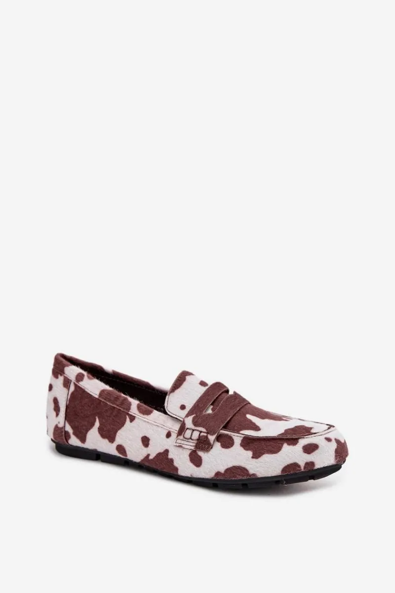 Discount Boto Loafersy Mokasyny Damskie Płaskie W Łaty Brązowo-Białe Roseline