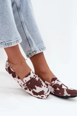 Discount Boto Loafersy Mokasyny Damskie Płaskie W Łaty Brązowo-Białe Roseline