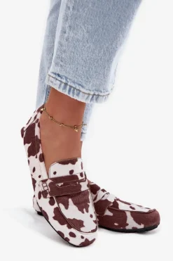 Discount Boto Loafersy Mokasyny Damskie Płaskie W Łaty Brązowo-Białe Roseline