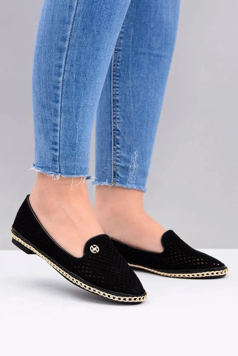 Sale Lu Boo | Czarne Ażurowe Balerinki Lordsy Stylish Damskie Baleriny Klasyczne