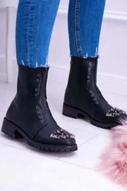 Botki Płaskie|Czarne Botki>Boto Lu Boo | Czarne Damskie Botki Za Kostkę z Cyrkoniami Carrie