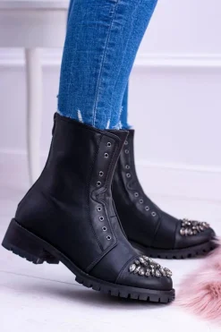 Botki Płaskie|Czarne Botki>Boto Lu Boo | Czarne Damskie Botki Za Kostkę z Cyrkoniami Carrie