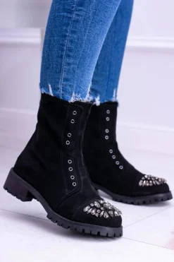 Clearance Lu Boo | Czarne Damskie Botki Za Kostkę Cyrkonie Zamsz Carrie Damskie Czarne Botki|Botki Płaskie