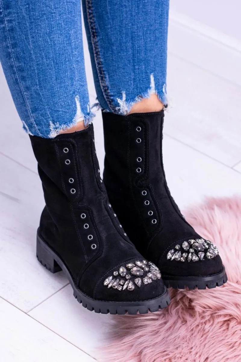 Clearance Lu Boo | Czarne Damskie Botki Za Kostkę Cyrkonie Zamsz Carrie Damskie Czarne Botki|Botki Płaskie