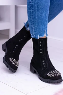 Clearance Lu Boo | Czarne Damskie Botki Za Kostkę Cyrkonie Zamsz Carrie Damskie Czarne Botki|Botki Płaskie