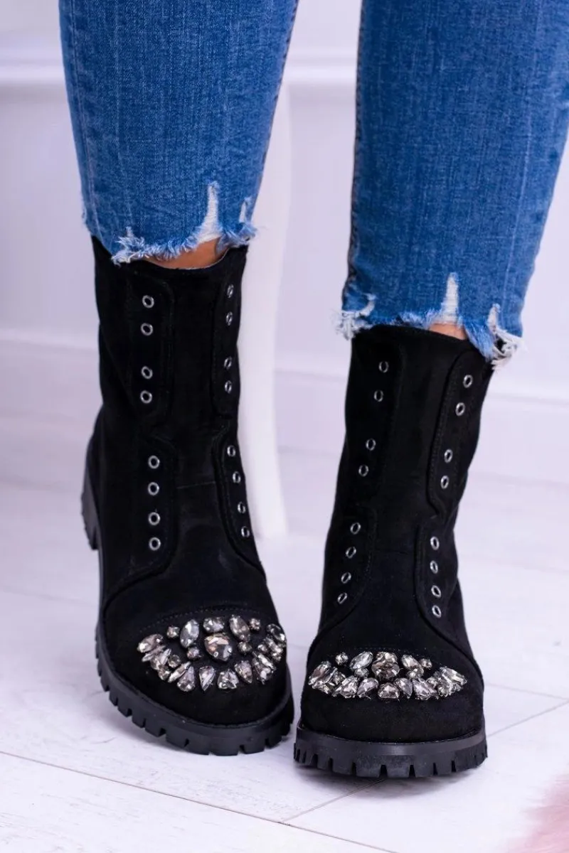 Clearance Lu Boo | Czarne Damskie Botki Za Kostkę Cyrkonie Zamsz Carrie Damskie Czarne Botki|Botki Płaskie