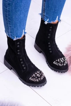 Clearance Lu Boo | Czarne Damskie Botki Za Kostkę Cyrkonie Zamsz Carrie Damskie Czarne Botki|Botki Płaskie