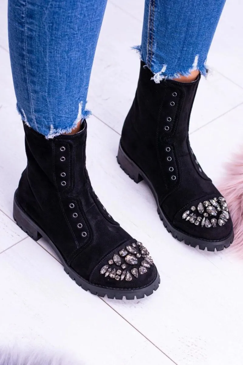 Clearance Lu Boo | Czarne Damskie Botki Za Kostkę Cyrkonie Zamsz Carrie Damskie Czarne Botki|Botki Płaskie