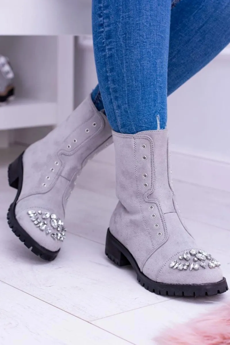 Lu Boo | Szare Damskie Botki Za Kostkę z Cyrkoniami Carrie Damskie Botki Płaskie|Czarne Botki