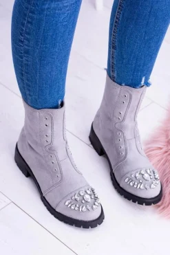 Lu Boo | Szare Damskie Botki Za Kostkę z Cyrkoniami Carrie Damskie Botki Płaskie|Czarne Botki