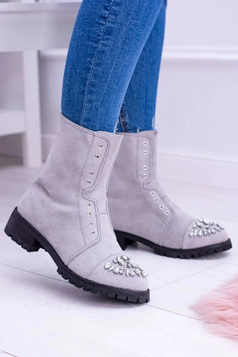 Lu Boo | Szare Damskie Botki Za Kostkę z Cyrkoniami Carrie Damskie Botki Płaskie|Czarne Botki