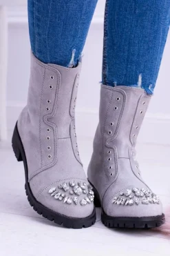 Lu Boo | Szare Damskie Botki Za Kostkę z Cyrkoniami Carrie Damskie Botki Płaskie|Czarne Botki