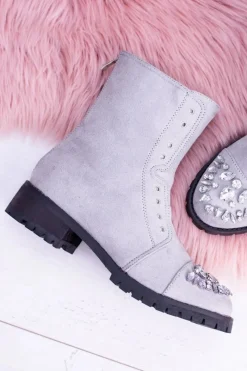 Lu Boo | Szare Damskie Botki Za Kostkę z Cyrkoniami Carrie Damskie Botki Płaskie|Czarne Botki