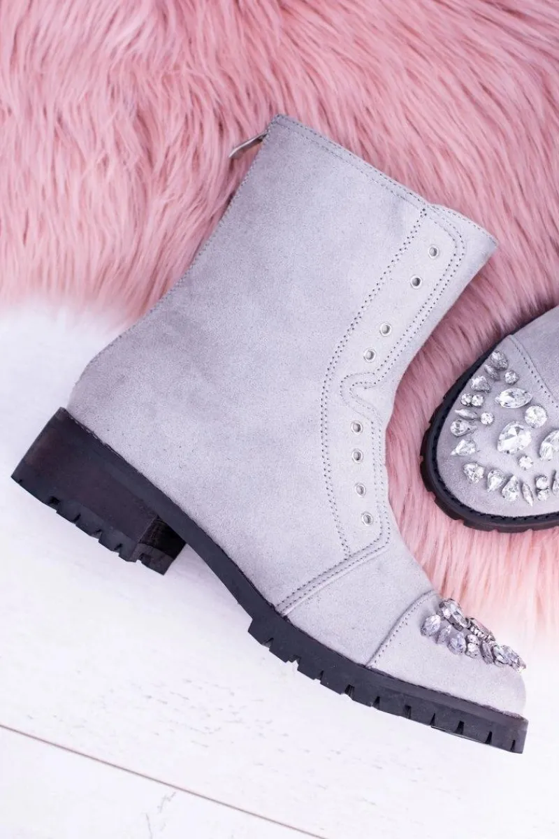 Lu Boo | Szare Damskie Botki Za Kostkę z Cyrkoniami Carrie Damskie Botki Płaskie|Czarne Botki