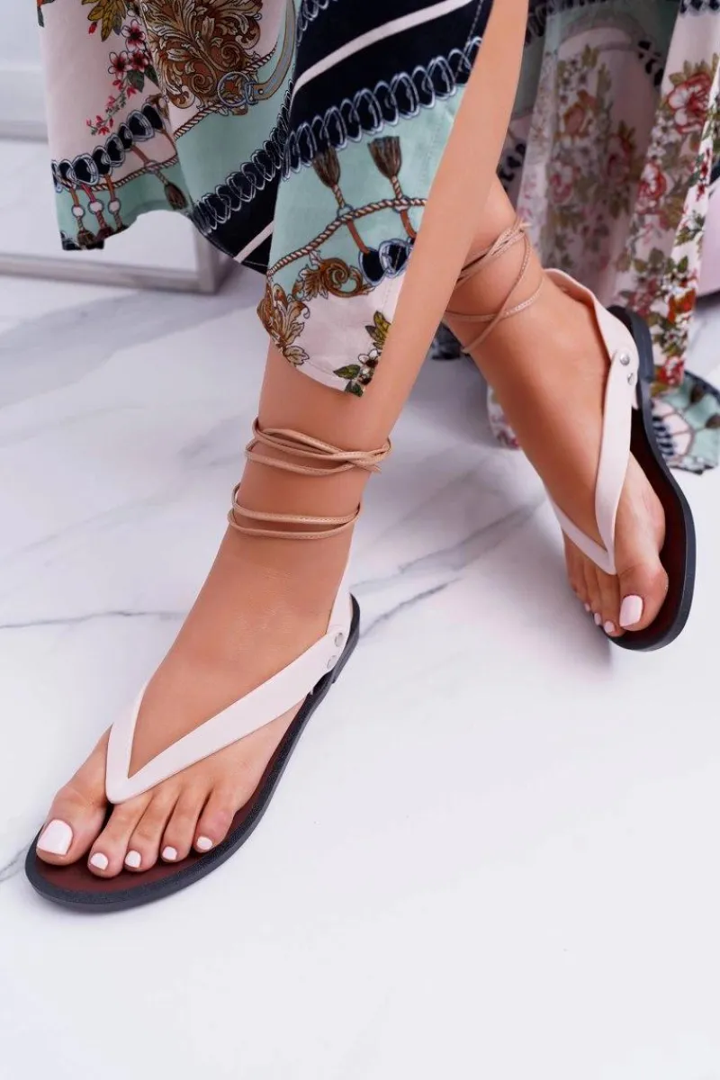 Hot Lu Boo Beżowe Wiązane Sandały Japonki Meliski Florence Damskie Sandały Gumowe|Sandały Płaskie