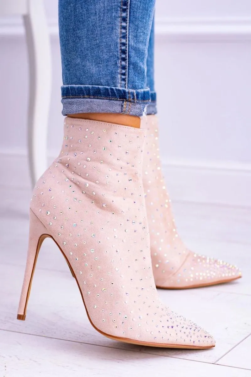 Clearance Boto Lu Boo Beżowe Wysokie Zamszowe Botki na Szpilce Cyrkonie Cubano