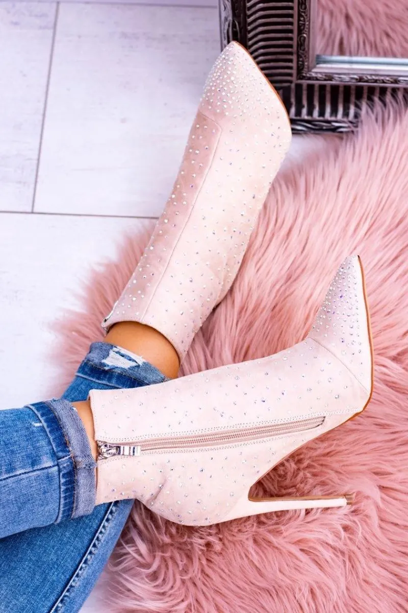 Clearance Boto Lu Boo Beżowe Wysokie Zamszowe Botki na Szpilce Cyrkonie Cubano