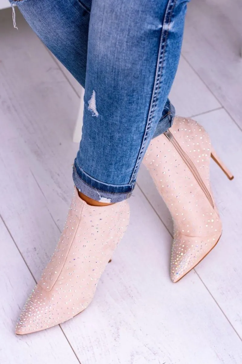 Clearance Boto Lu Boo Beżowe Wysokie Zamszowe Botki na Szpilce Cyrkonie Cubano