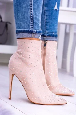 Clearance Boto Lu Boo Beżowe Wysokie Zamszowe Botki na Szpilce Cyrkonie Cubano