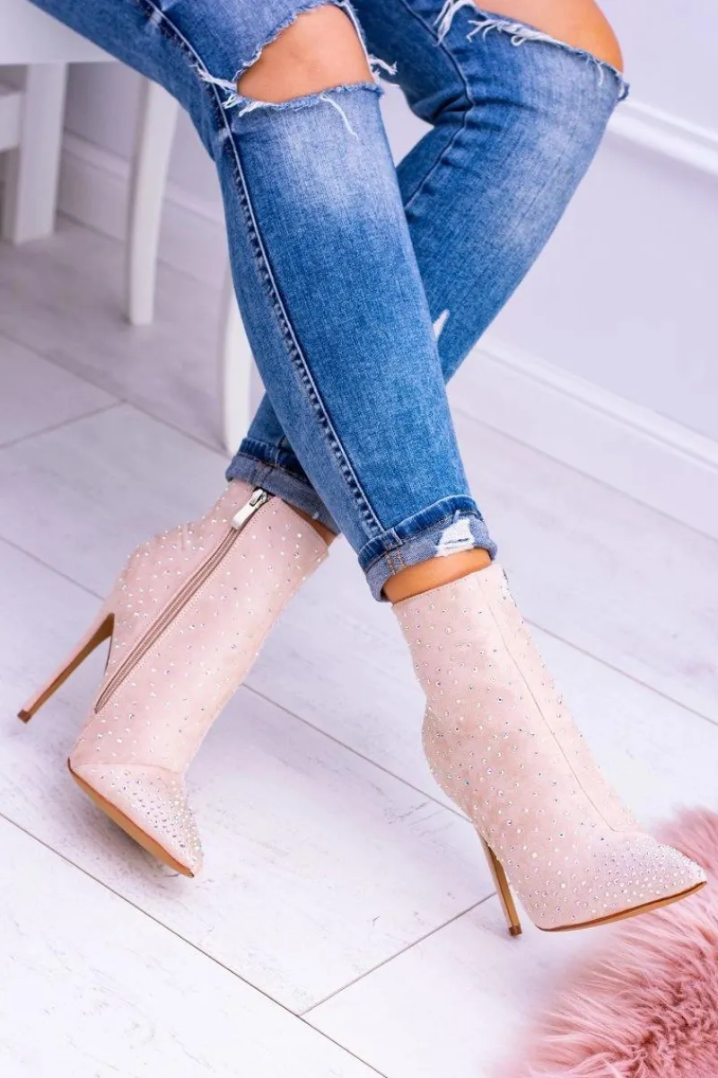 Clearance Boto Lu Boo Beżowe Wysokie Zamszowe Botki na Szpilce Cyrkonie Cubano