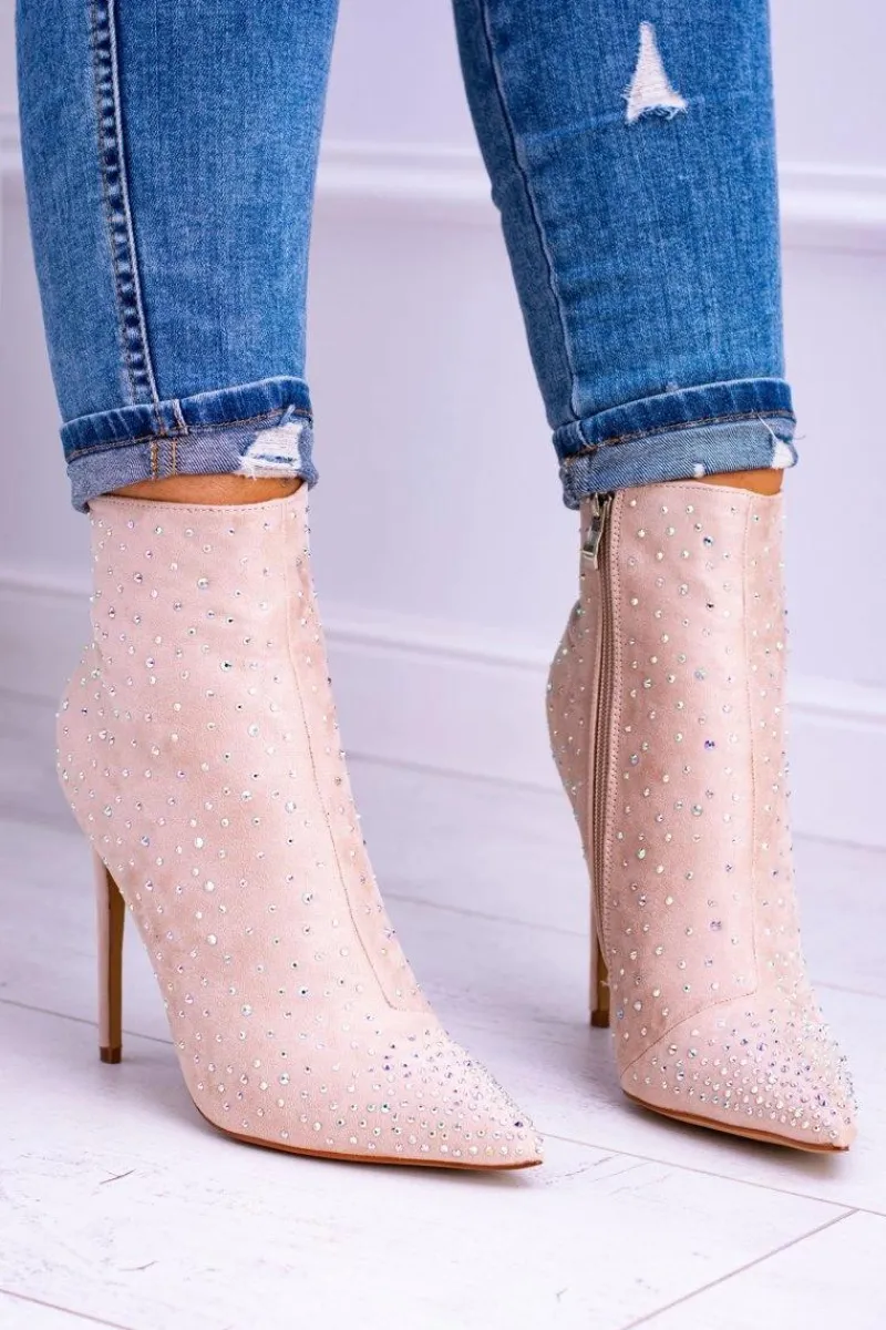 Clearance Boto Lu Boo Beżowe Wysokie Zamszowe Botki na Szpilce Cyrkonie Cubano