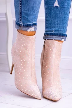 Clearance Boto Lu Boo Beżowe Wysokie Zamszowe Botki na Szpilce Cyrkonie Cubano