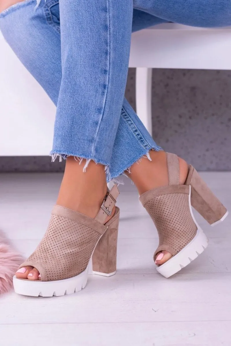 Sandały Na Obcasie>Boto Lu Boo Beżowe Zamszowe Sandały na Słupku Emare