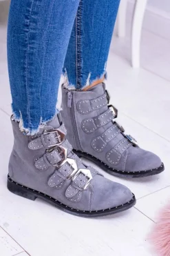 Lu Boo Ciemnoszare Botki Virginia Rock Star Nity Klamry Zamsz Damskie Botki Płaskie|Botki Zamszowe