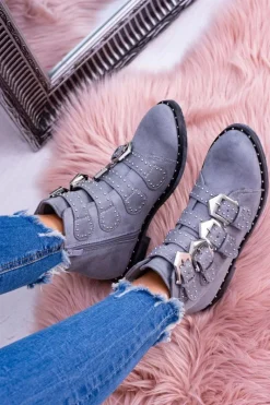 Lu Boo Ciemnoszare Botki Virginia Rock Star Nity Klamry Zamsz Damskie Botki Płaskie|Botki Zamszowe