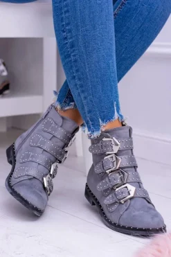 Lu Boo Ciemnoszare Botki Virginia Rock Star Nity Klamry Zamsz Damskie Botki Płaskie|Botki Zamszowe