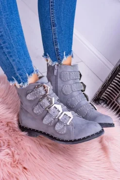 Lu Boo Ciemnoszare Botki Virginia Rock Star Nity Klamry Zamsz Damskie Botki Płaskie|Botki Zamszowe